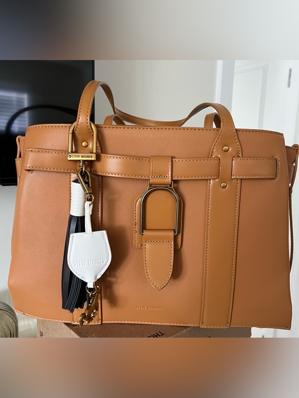 Steve Madden Caramel Tan Structured Tote with Charm